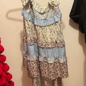 Umgee Floral High Low Dress - Blue and Yellow
